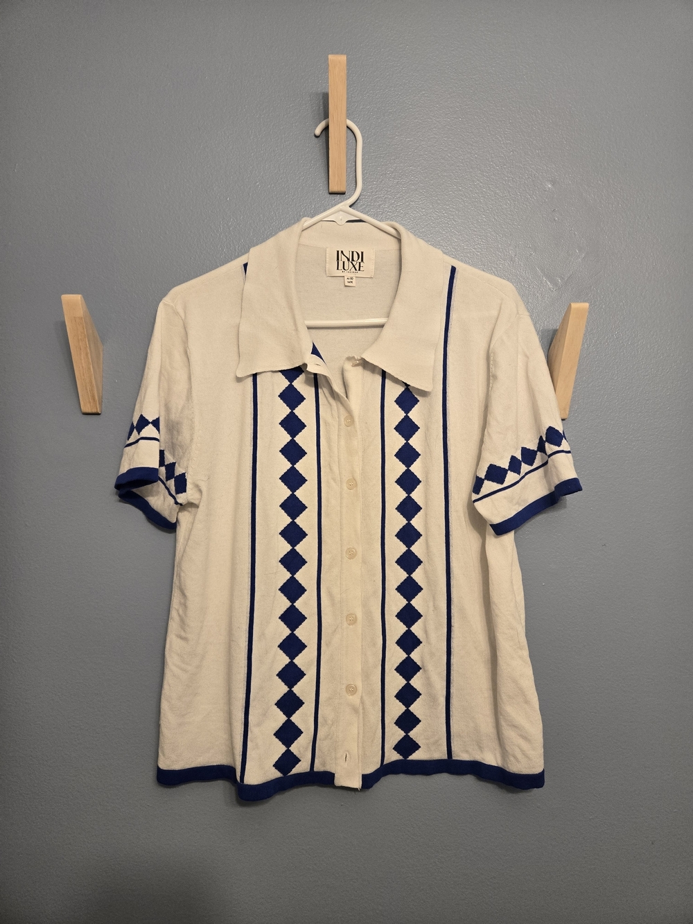 Nothing Left Behind Shirt White Collared Button Shirt - Blue Geometric Trim